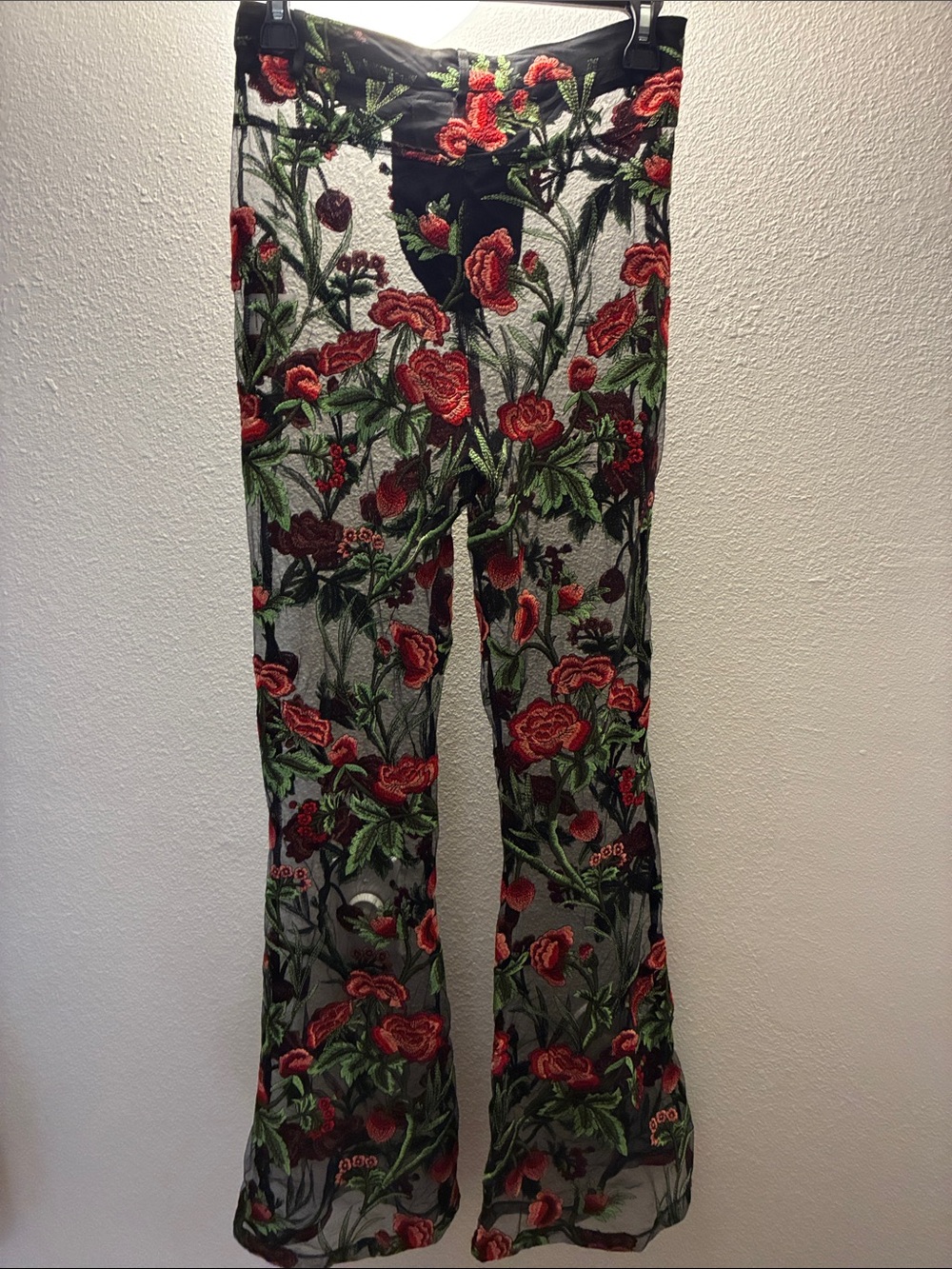 Beginning Boutique Black Sheer lace front Pants with Red Floral Embroidery Small - Picture 6 of 10